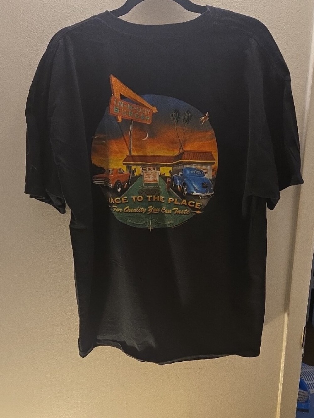 In N Out Burger Tee.Hanes Black Short Sleeve Tee with Orange & Yellow Chest Logo - Picture 3 of 5